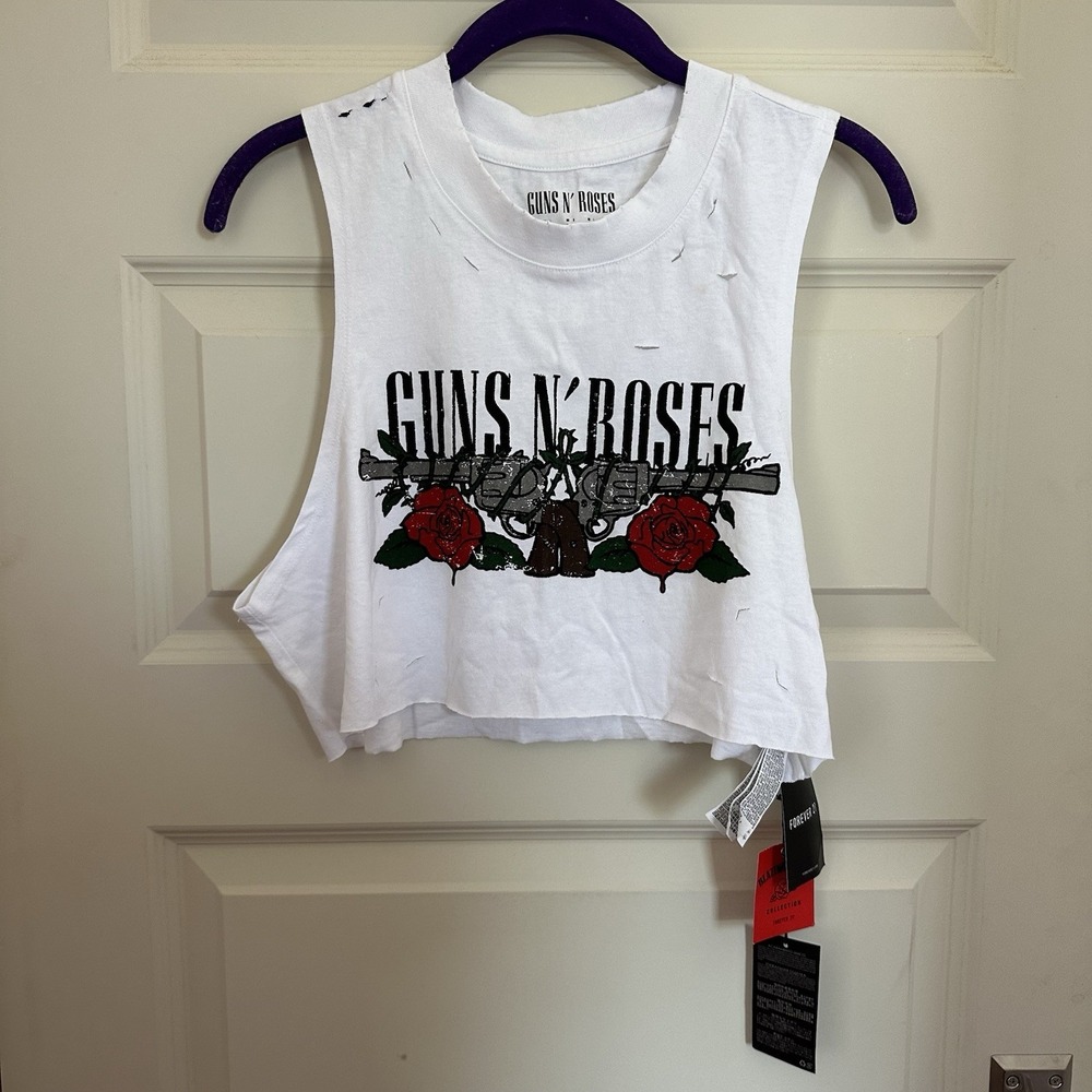 NWT Guns N'‎ Roses 2019 Women's L Crop Top Graphic Logo T Shirt White Forever 21